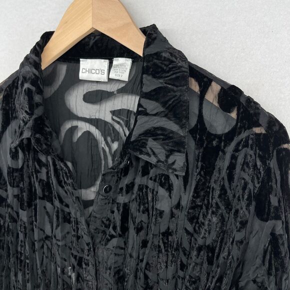 Chico's Tops - CHICOS Top 2 L Velvet Jacquard Burnout Evening Blouse Crinkle Button Up Black